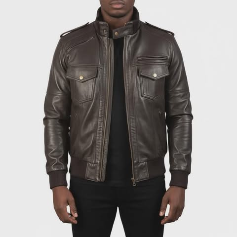 Mens's Agent Shadow Brown Leather Bomber Jacket