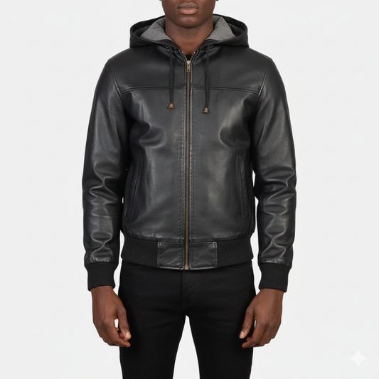 Men's Hooded Nintenzo Black Leather Bomber Jacket