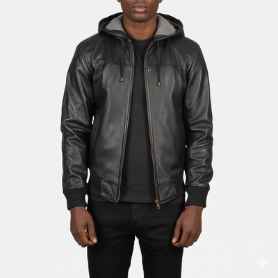 Men's Hooded Nintenzo Black Leather Bomber Jacket