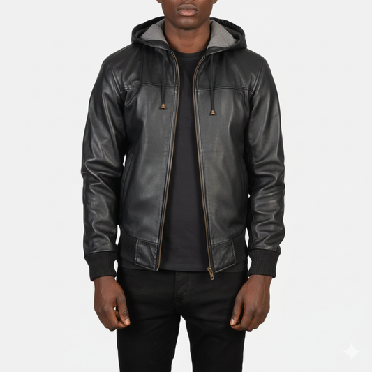 Men's Hooded Nintenzo Black Leather Bomber Jacket