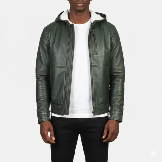 Baston Green Hooded Leather Bomber Jacket