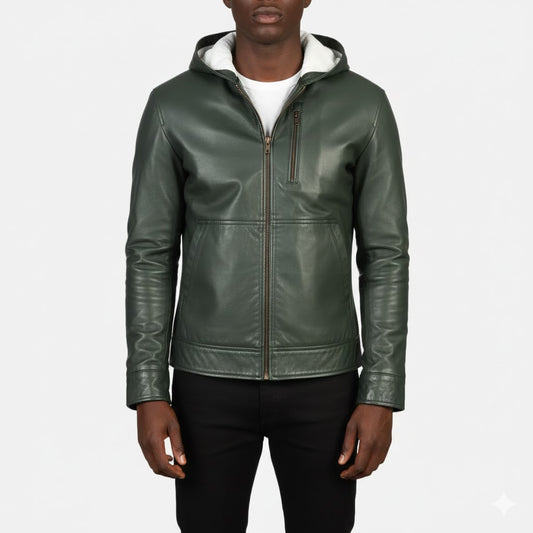 Baston Green Hooded Leather Bomber Jacket